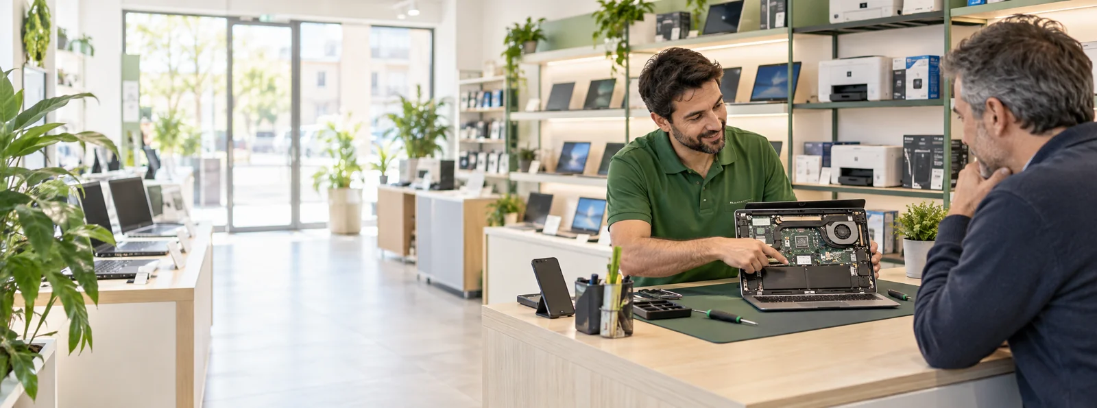 Scena illustrativa di assistenza informatica: tecnico, cliente e computer in riparazione