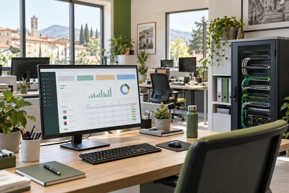 Immagine illustrativa di un ufficio con software gestionale, postazioni e infrastruttura di rete